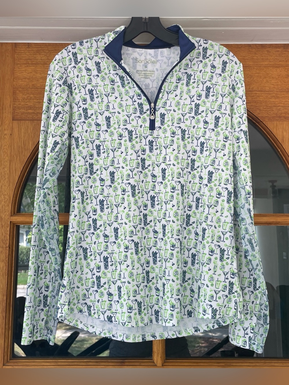SanSoleil Women’s Long Sleeve Green Blue Martini Cocktail Golf Top Size Small